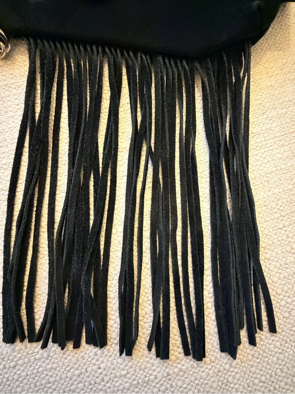 Prune Black Suede Fringe Crossbody with Diagonal Zip